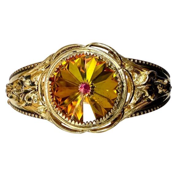 VTG Whiting & Davis Dazzling Watermelon Rivoli Hinged Bangle Bracelet In Gold - Picture 3 of 6